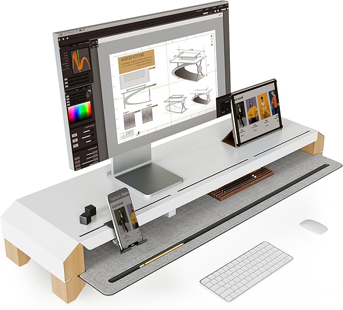 Fenge Monitor Stand for Desk, 39 Inch Dual Monitor Riser for 2 Monitors, Solid Wood Desk Shelf with Cable Management, 2 Tier Computer Stand with Phone Stand for PC, Laptop, Printer, TV