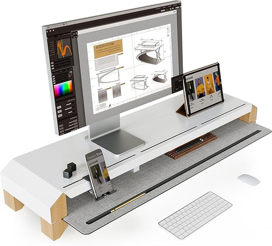 Fenge Monitor Stand for Desk, 39 Inch Dual Monitor Riser for 2 Monitors, Solid Wood Desk Shelf with Cable Management, 2 Tier Computer Stand with Phone Stand for PC, Laptop, Printer, TV