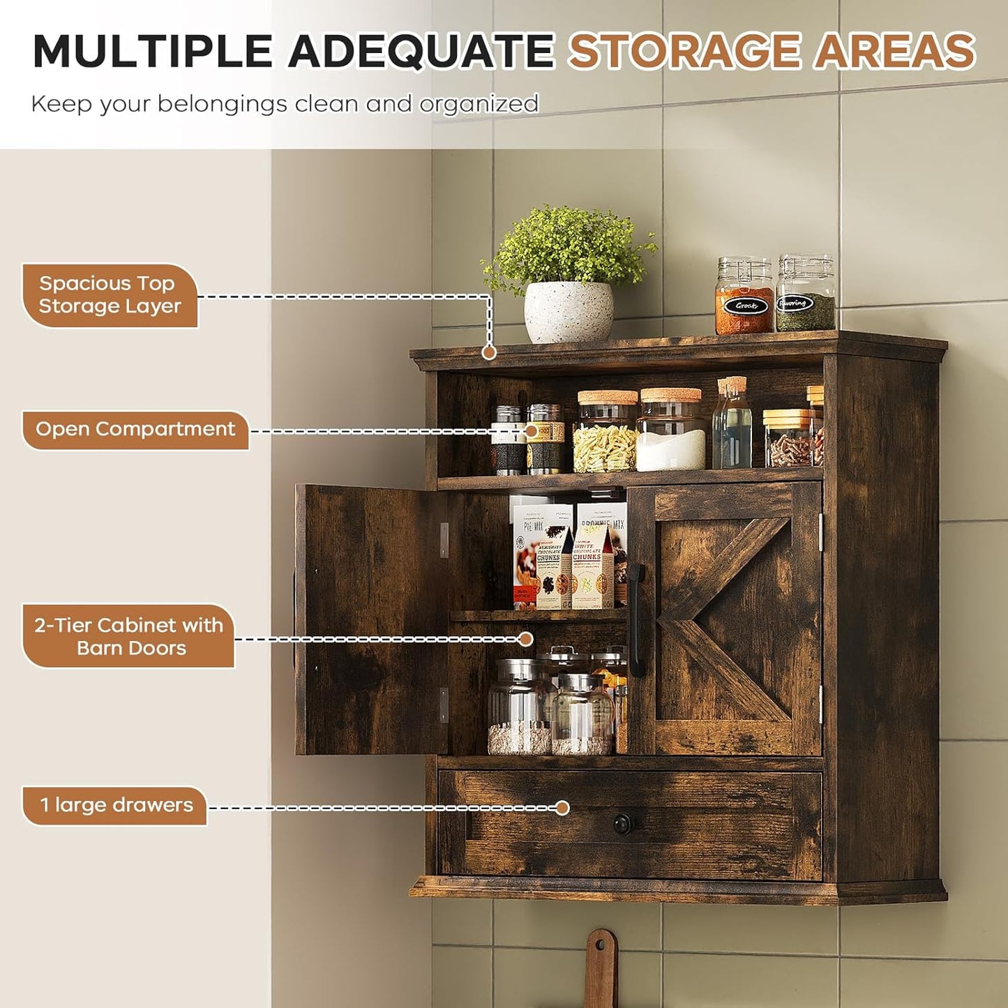Bathroom Wall Cabinet, Wall Mounted Medicine Cabinet with Drawer, Barn Door & Adjustable Shelf, 24.4"H x 23.6"W x 9"D Rustic Brown Over Toilet Farmhouse Storage Cabinet for Kitchen, Laundry, Entryway