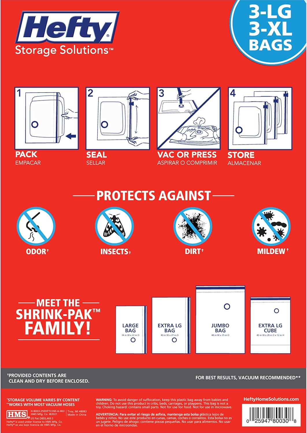 Hefty Shrink-Pak Vacuum Storage Bags - Space Saver for Under Bed Storage, Clothing and Comforters, Odor Resistant, 3X More Storage Space - 3 Large, 3 XL Bags