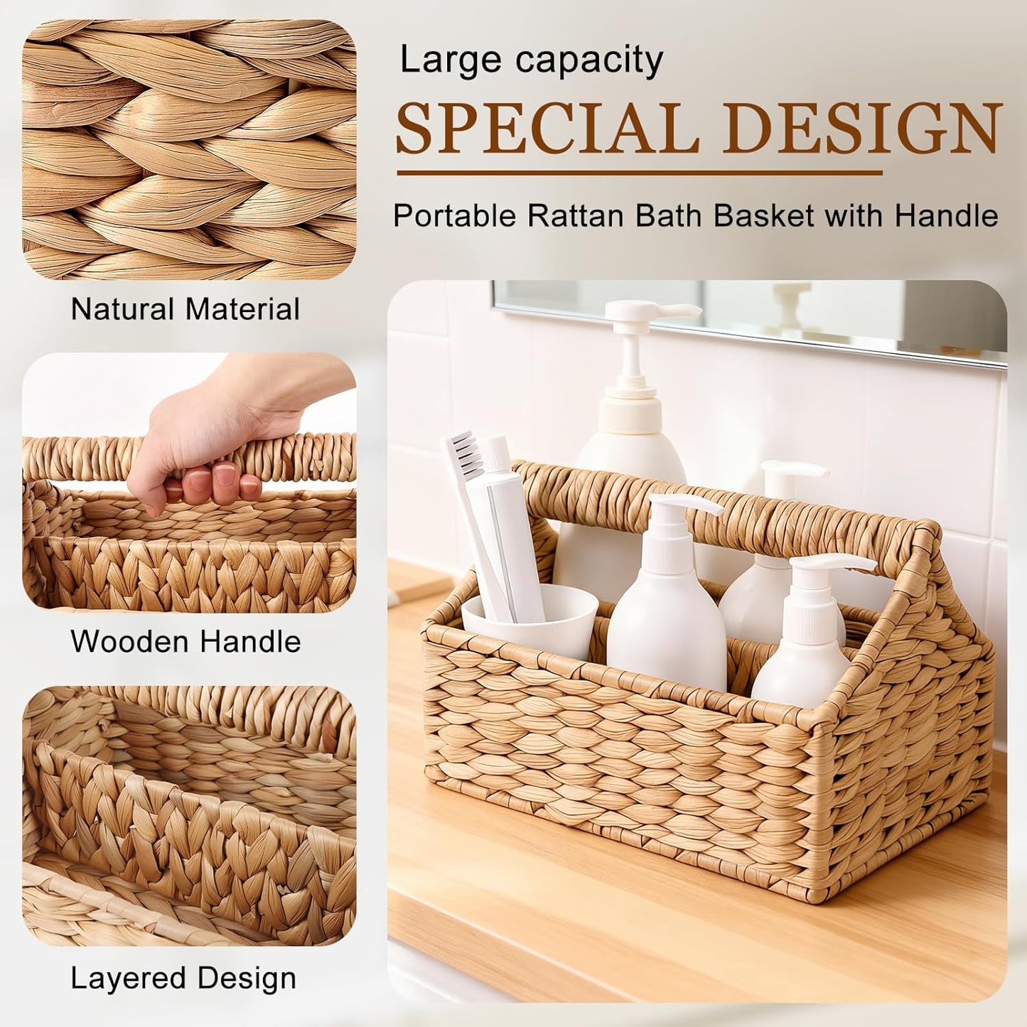 Portable Shower Caddy with Handle Rattan Woven Cleaning Caddy Organizer Water Hyacinth Shower Basket for Bathroom Kitchen Bedroom Storage, Dorm Room Essentials