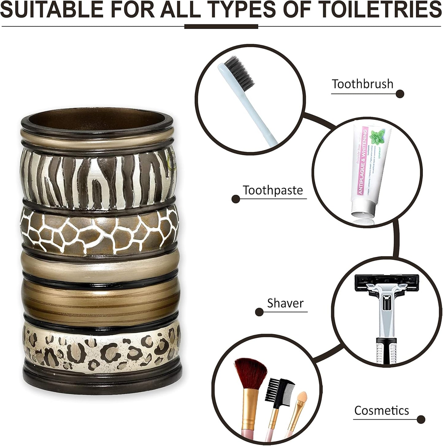 Zahari Home 4pc Safari Stripes Stylish Bathroom Accessories Set Hand Soap Dispenser, Tumbler, Tooth Brush Holder and Soap Dish Modern Classic Luxury Contemporary Decor Unique Design Stylish Bath Set