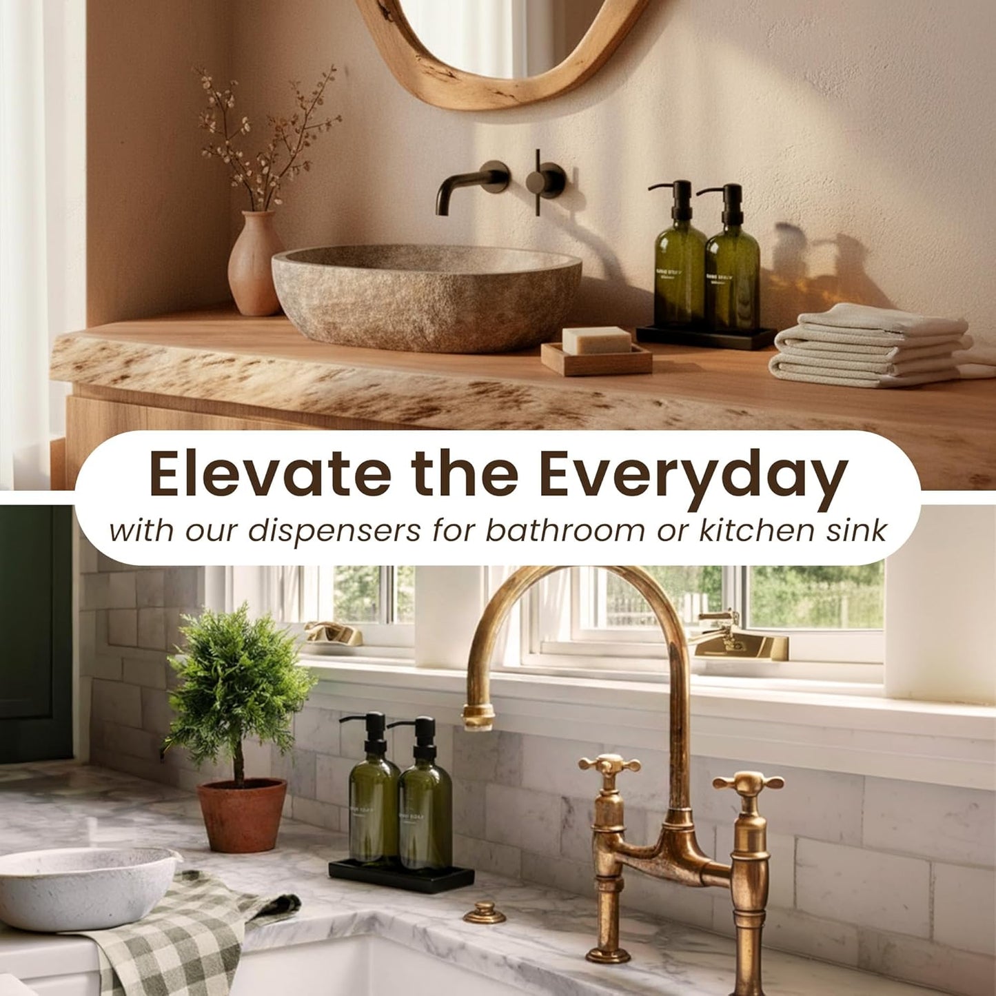 Maisonovo Kitchen Soap Dispenser Set | Hand and Dish Soap Dispenser Set with Handmade Ceramic Vanitry Tray and 16 Waterproof Labels | Green Glass Bottles & Black Pumps