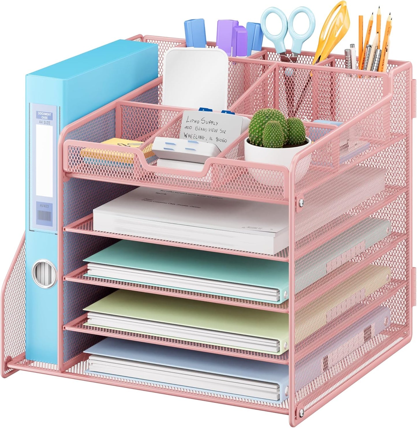 Lavatino Desk Organizer, 5-Tier Metal Mesh Paper Letter Tray with File Holder & 7 Flexible Dividers for Office or Home Desk Organizers and Accessories, Keep Workspace Supplies Neat & Organized, Pink