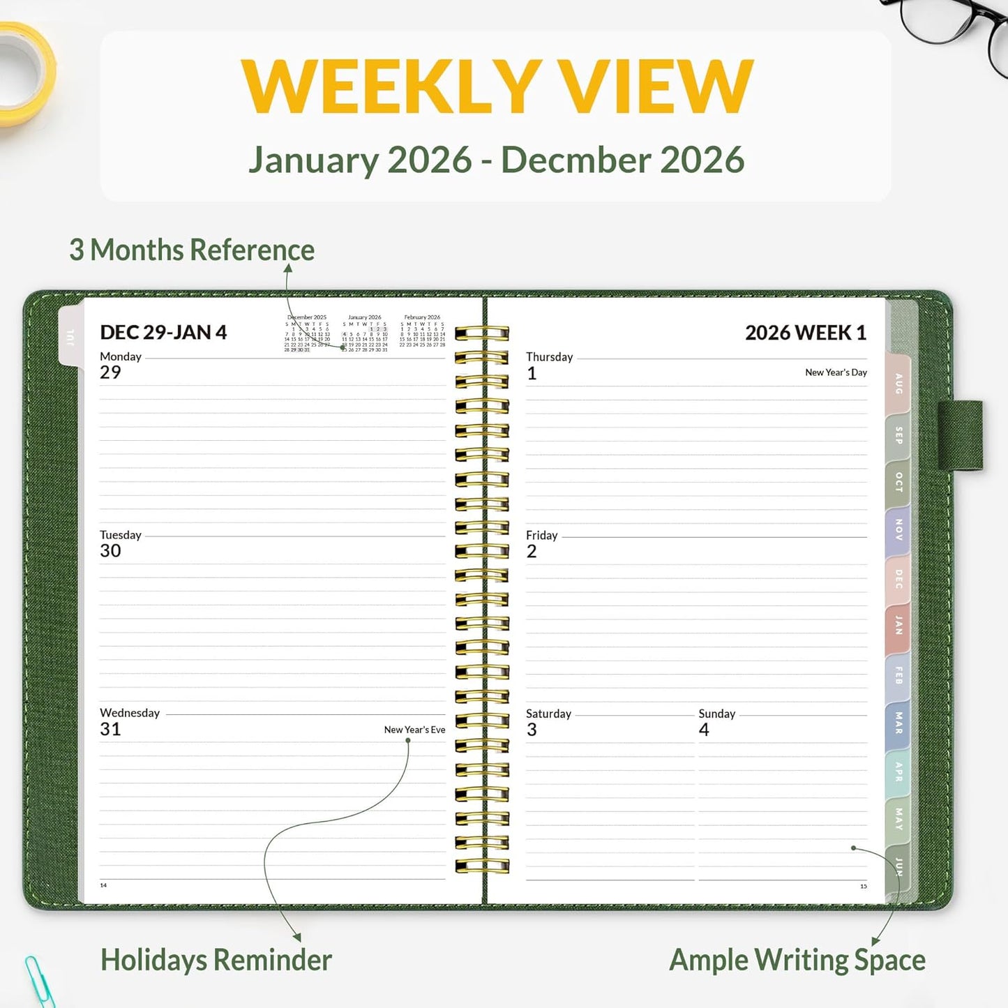 SUNEE 2026 Weekly & Monthly Planner 6.4"x8.5"- 12 Month (January 2026 - December 2026), Vegan Leather Cover, Pocket, Bookmark, Notes, Monthly Tab, Deep Green