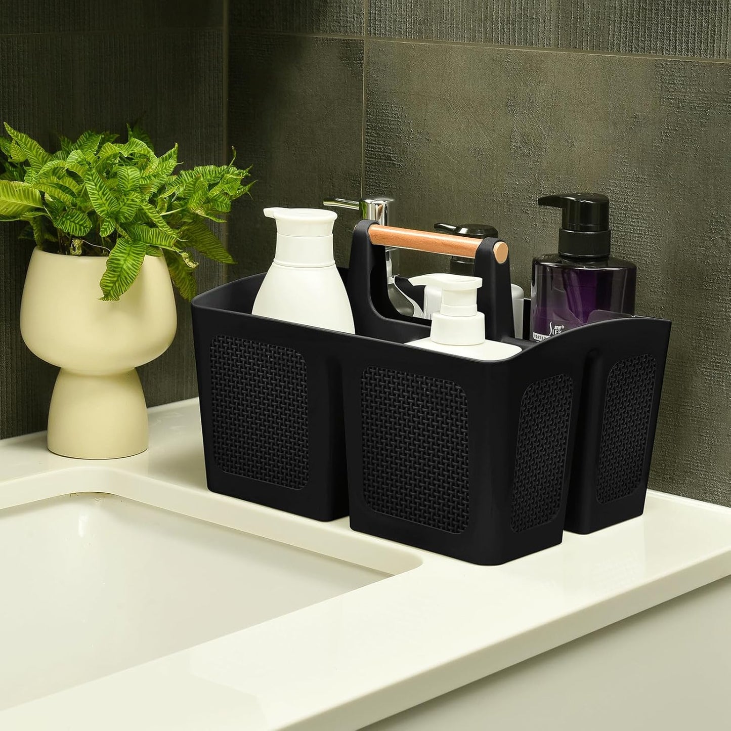 ALINK Portable Shower Caddy Basket with Compartments, Plastic Divided Cleaning Caddy Organizer Storage Tote with Handle for Bathroom, College, Dorm Room Essentials, Black