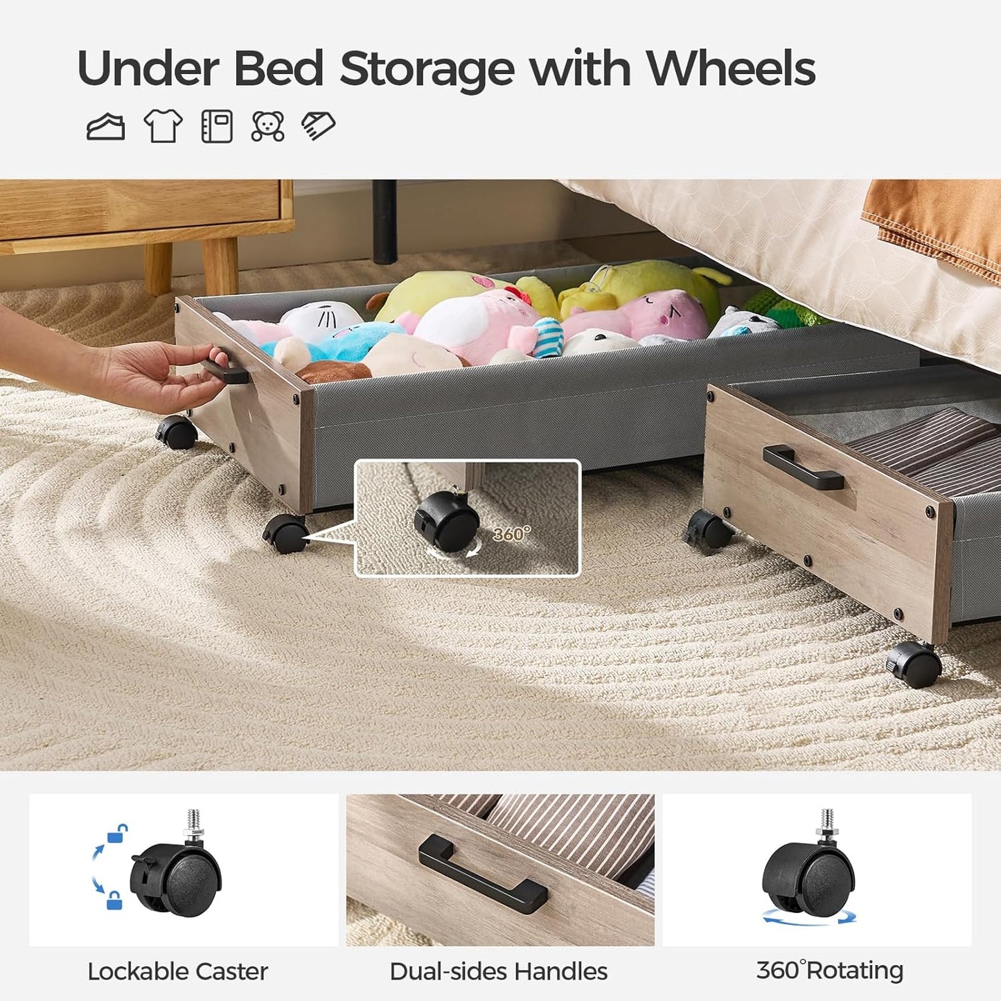 Under Bed Storage with Wheels, Wooden Under Bed Drawers On Wheels, Rolling Under Bed Shoe Storage, Space Saving,Grey,50L