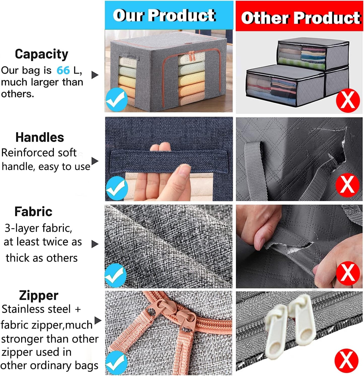 Large Storage Bags,Stackable Clothes Storage Bins with Hold Shape Metal Frame,Foldable Closet Organizer Containers with Zipper,Clear Window,Thick Fabric for Seasonal Clothing (Beige, 100L x 4 Pack)