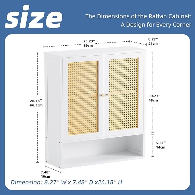 HITNET Bathroom Wall Cabinet, Rattan Medicine Cabinet, Bamboo Hanging Storage Organizer Over The Toilet with Adjustable Shelf for Living Room, Kitchen, Hallway(White)