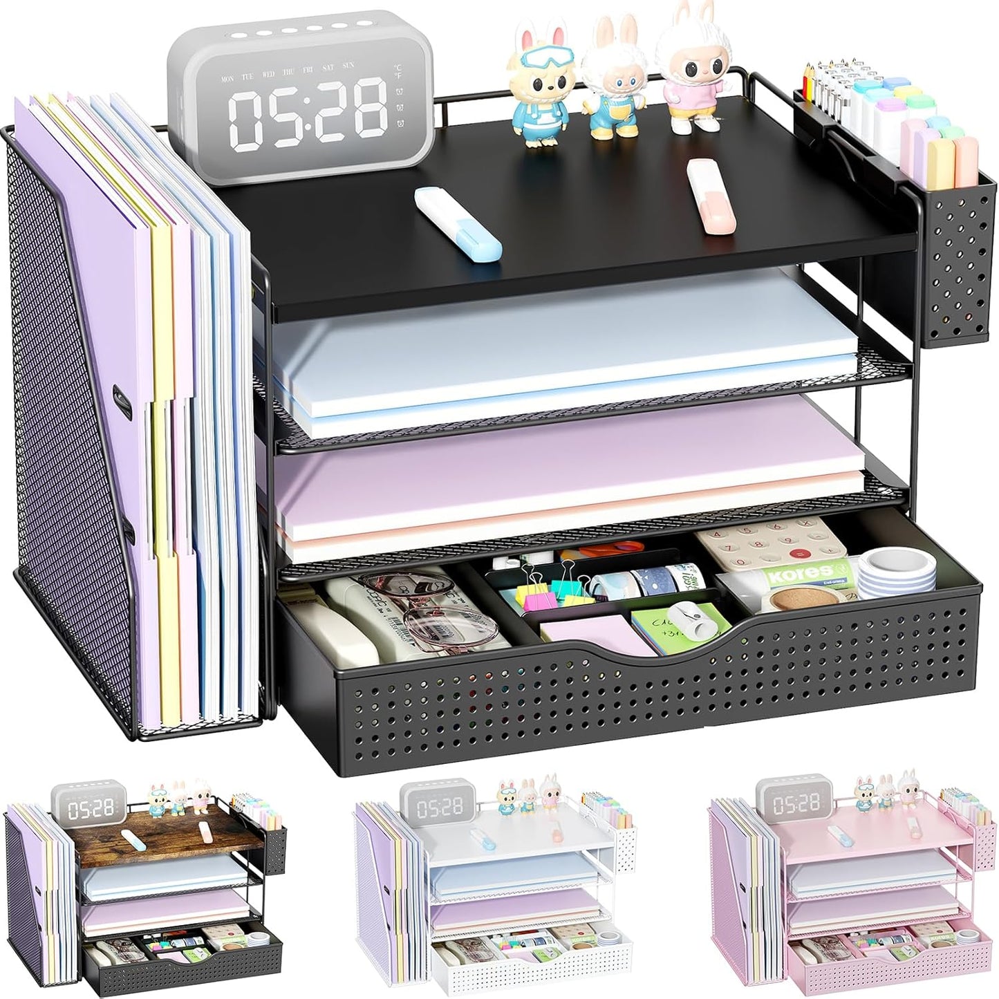 gianotter Wood Desk Organizers and Accessories with File Holder, 4-Tier Desk Accessories & Workspace Organizers with Drawer and Pen Holder, Paper Organizer for Office Supplies (Black)