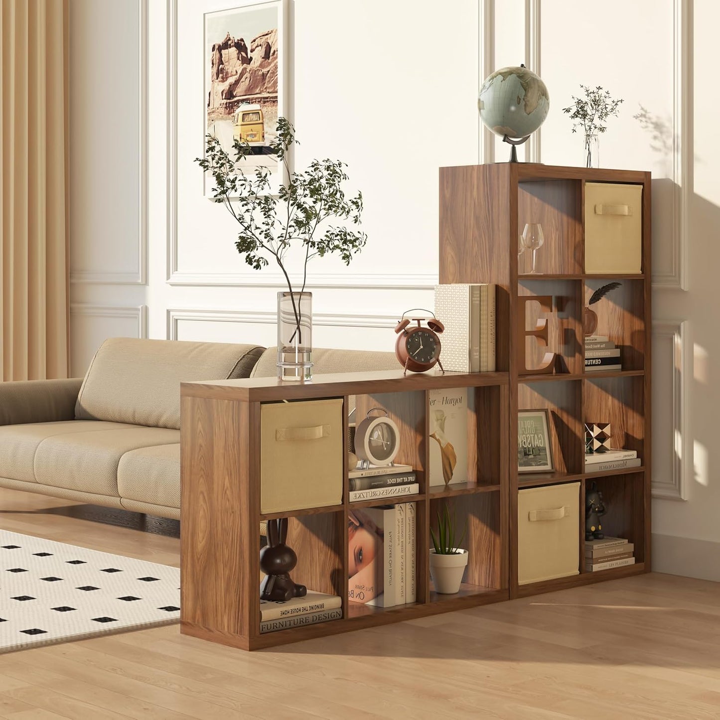 furtble Bookshelf with Storage Bin, 6-Cube Storage Organizer, Modern Wood Open Bookcase, Multifunctional Display Shelf for Living Room, Bedroom, Home Office, Classic Oak