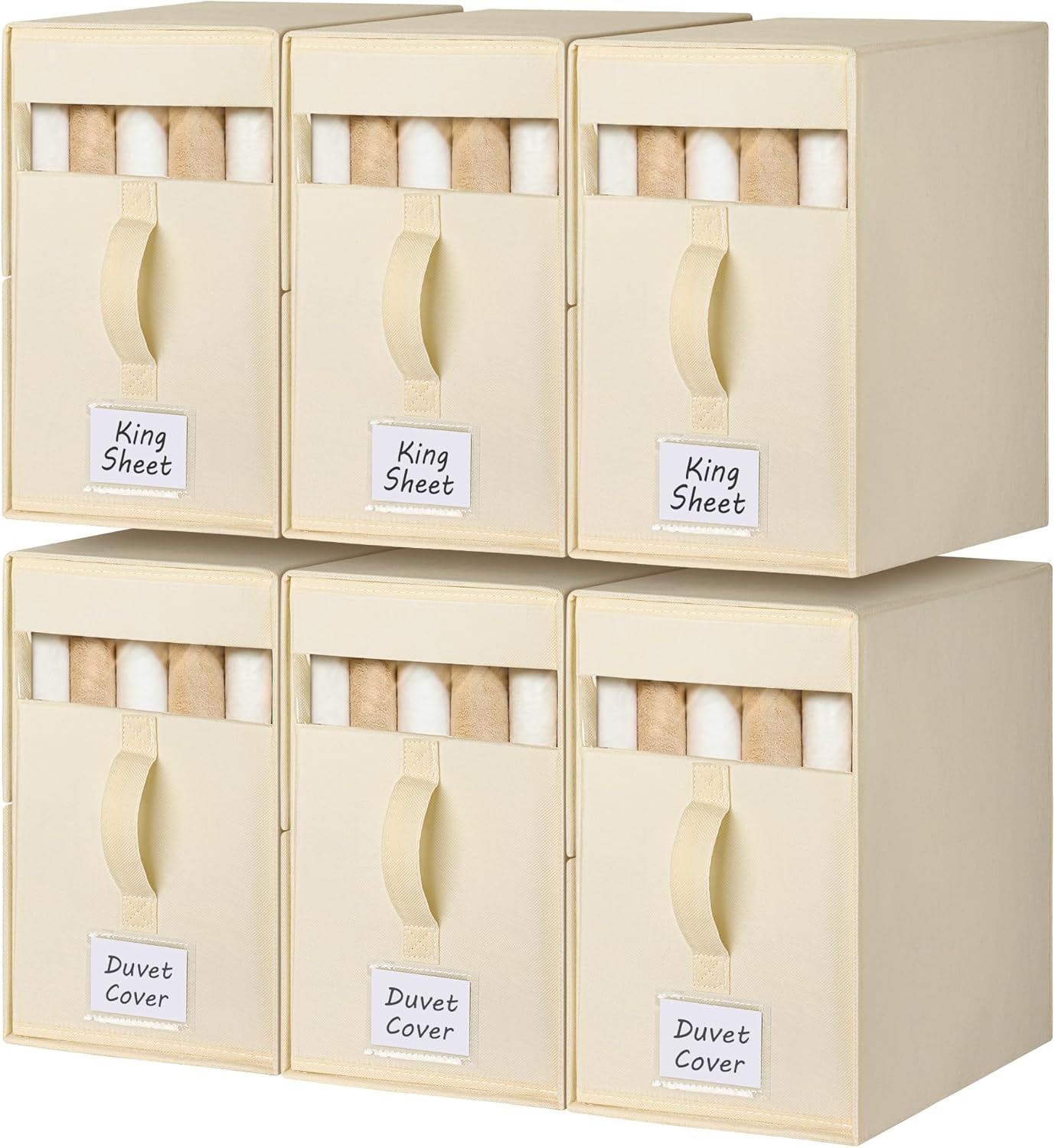 6 Pack Large Bed Sheet Organizers and Storage, (King & Queen Size) Sheet Organizer for Linen Closet, Foldable Bedding Storage Box with Window for Bedsheets, Blanket, Duvet Cover