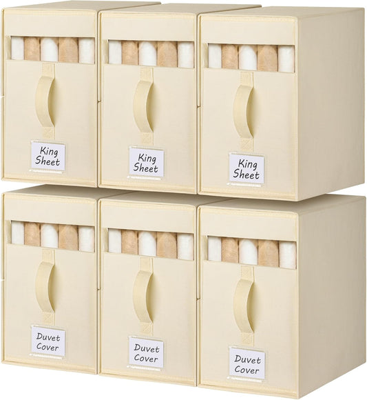 6 Pack Large Bed Sheet Organizers and Storage, (King & Queen Size) Sheet Organizer for Linen Closet, Foldable Bedding Storage Box with Window for Bedsheets, Blanket, Duvet Cover