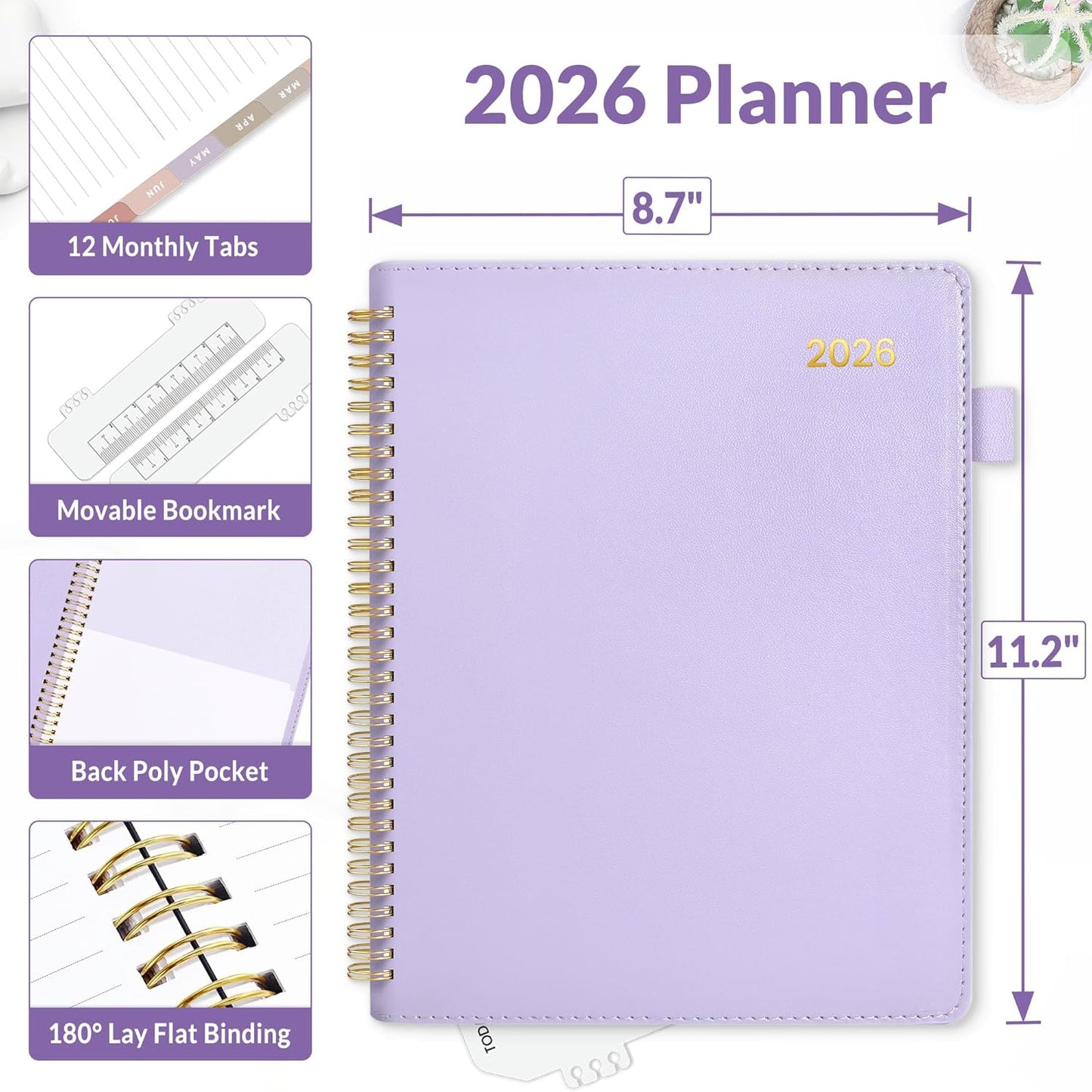 SUNEE 2026 Weekly & Monthly Planner 9"x11.2"- 12 Month (January 2026 - December 2026), Vegan Leather Cover, Pocket, Bookmark, Notes, Monthly Tab, Purple