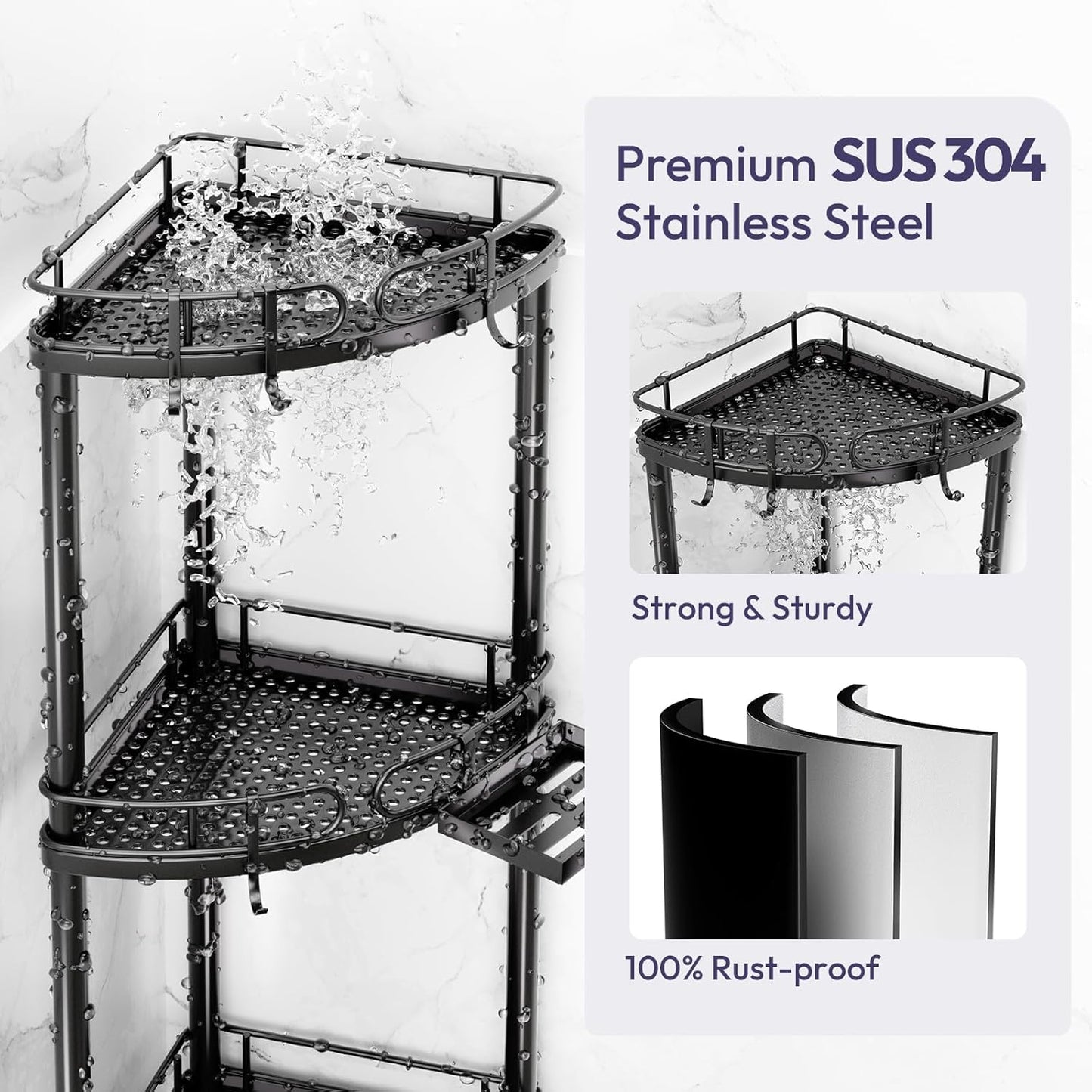 SWTYMIKI Corner Shower Caddy Standing - 4 Tier Stainless Steel Shower Organizer Stand with 4 Hooks & Soap Holder, Rustproof Metal Standing Tall Floor Shower Shelf and Bathroom Organizer, Black