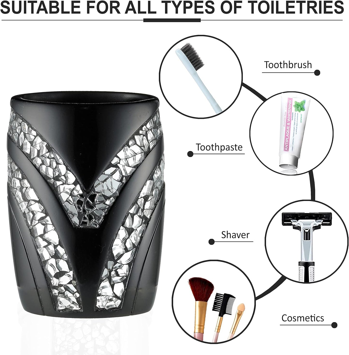 Zahari Home 4pc Sinatra Stylish Bathroom Accessories Set Black Soap Dispenser/Lotion Pump, Tumbler, Tooth Brush Holder and Soap Dish Modern Luxury Decor Bling Mosaic Glass Black Bathroom Accessories