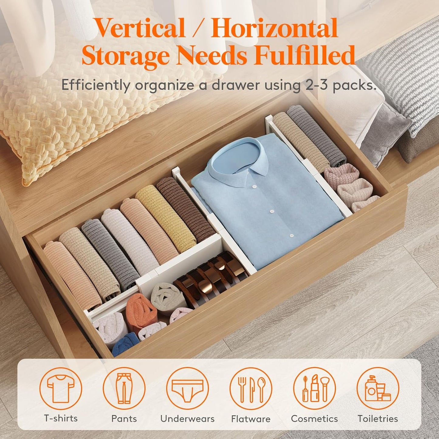 Lifewit 9 Pack Drawer Dividers 4" High, 11-17" Adjustable Drawer Organizers for Clothes, Expandable Dresser Separators in Bedroom/Bathroom/Kitchen/Fridge/Office Organization and Storage, Beige