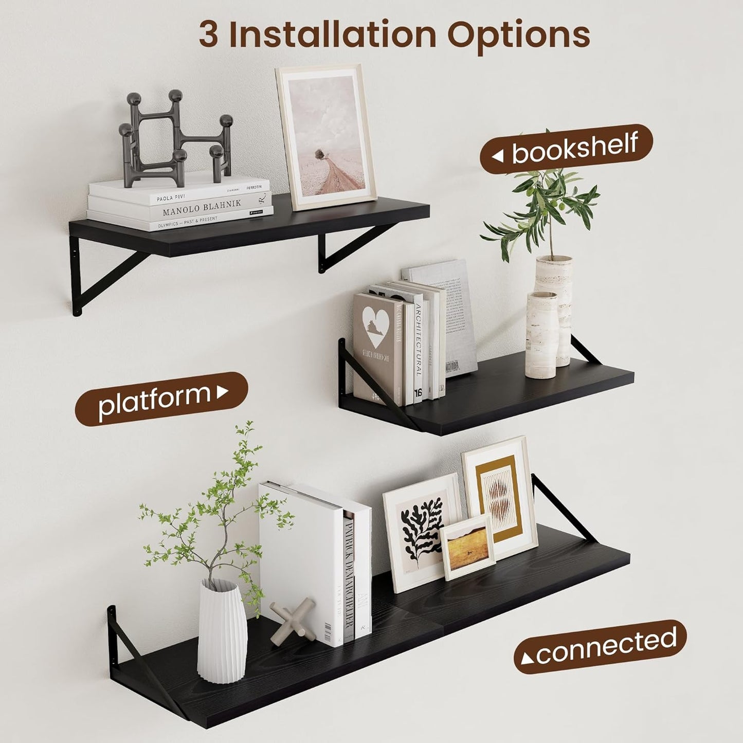 Axeman Floating Shelves for Wall Black- 24 Inch Wide x 12 Inch Deep Wall Shelves Set of 2 - Black Deep Wood Floating Shelves for Living Room Bedroom Laundry Room