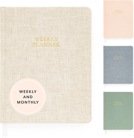 Sugar Paper Undated Weekly Planner, Fabric Bound Hardcover, 7" x 9", 3 Months, Flax