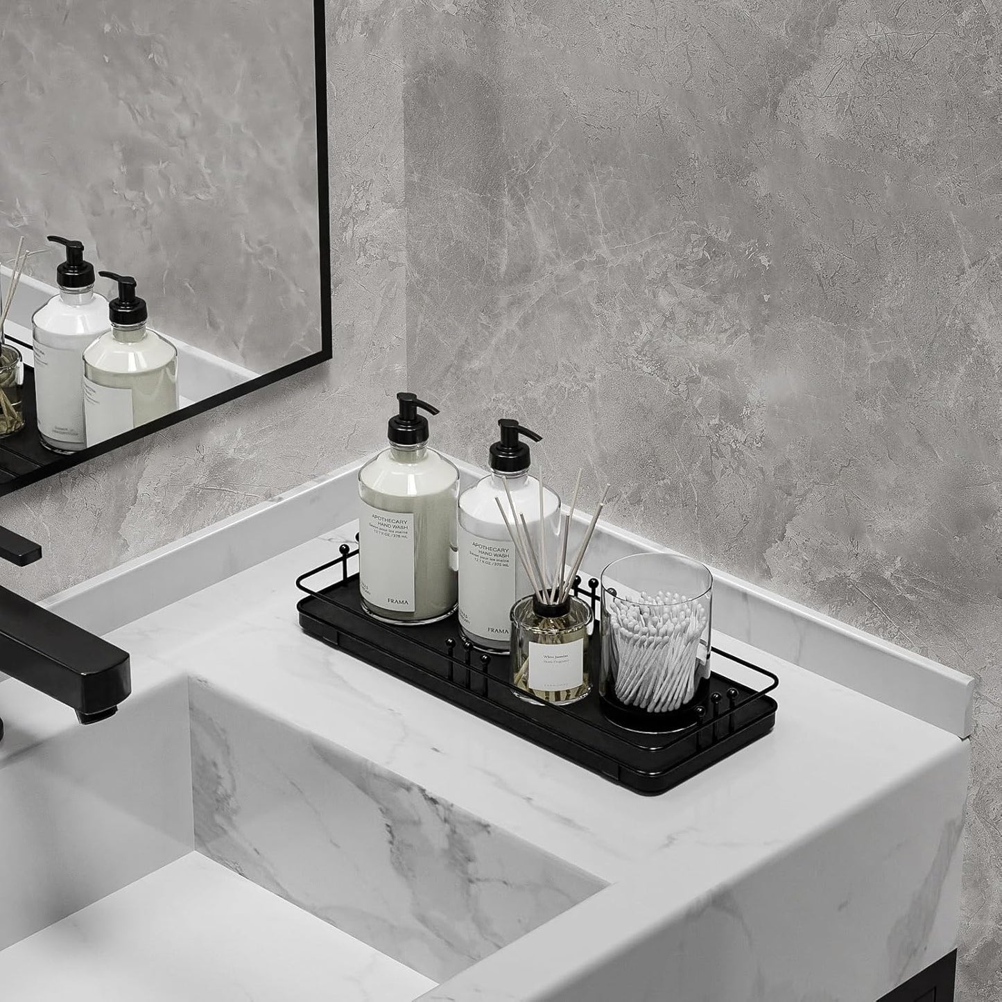 Bathroom Vanity Tray for Countertop Toiletries Perfume Makeup Soap Dispenser Toilet Tank, Kitchen Tray for Salt Spice, Black Decor Tray for Candle Nightstand Coffee 11.3”x 4.4”