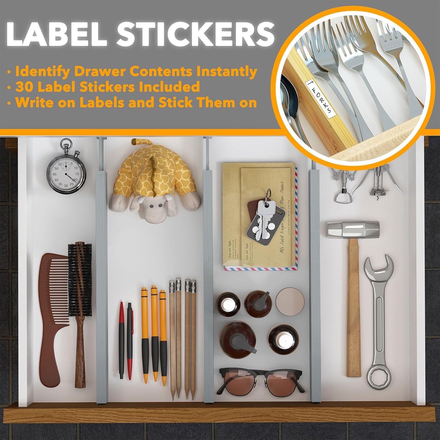 SpaceAid 4 Pack Bamboo Drawer Dividers with Labels, Kitchen Adjustable Drawer Organizers, Expandable Organization for Home Clothes Dressers (17-22 in, Gray)