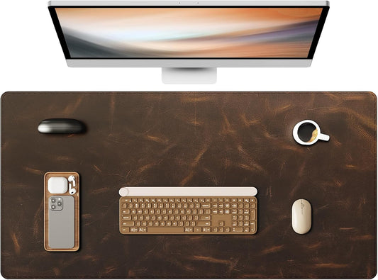 YSAGi Leather Desk Mat, 31.5"x15.8"Real Leather Desk Pad,3mm Thick Desk Blotter with Stiched line,Oil-Wax Feel Mouse pad and Self-Healing Laptop Pad for Home & Office(Classic Dark Brown)