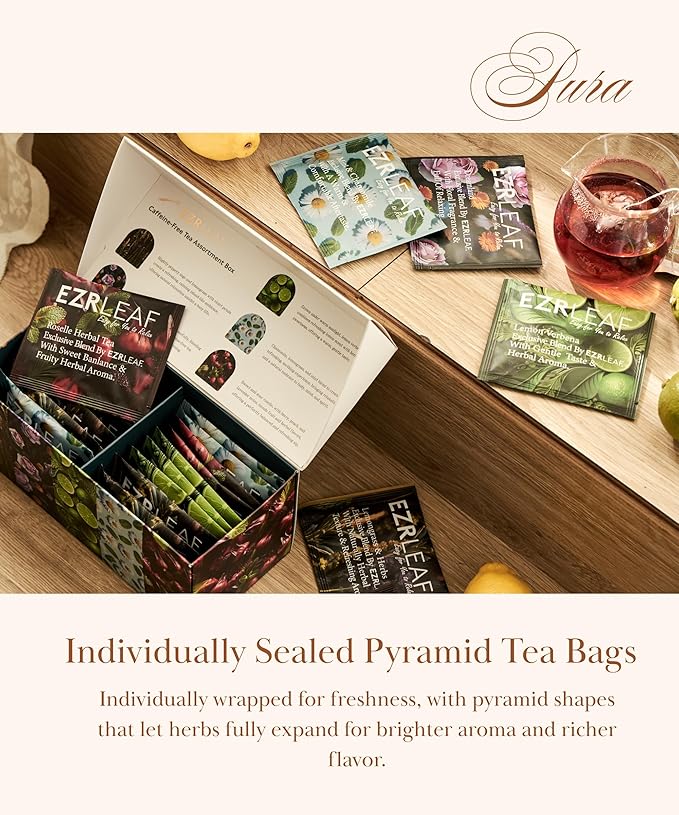 Decaf Herbal Tea Sampler – EZR Leaf 22ct Caffeine-Free Pyramid Bags, Assorted Fruit & Floral Blends with Lemon Verbena, Chamomile Mint, Dreamland, Roselle – Variety Tea Gift Set for Tea Lovers