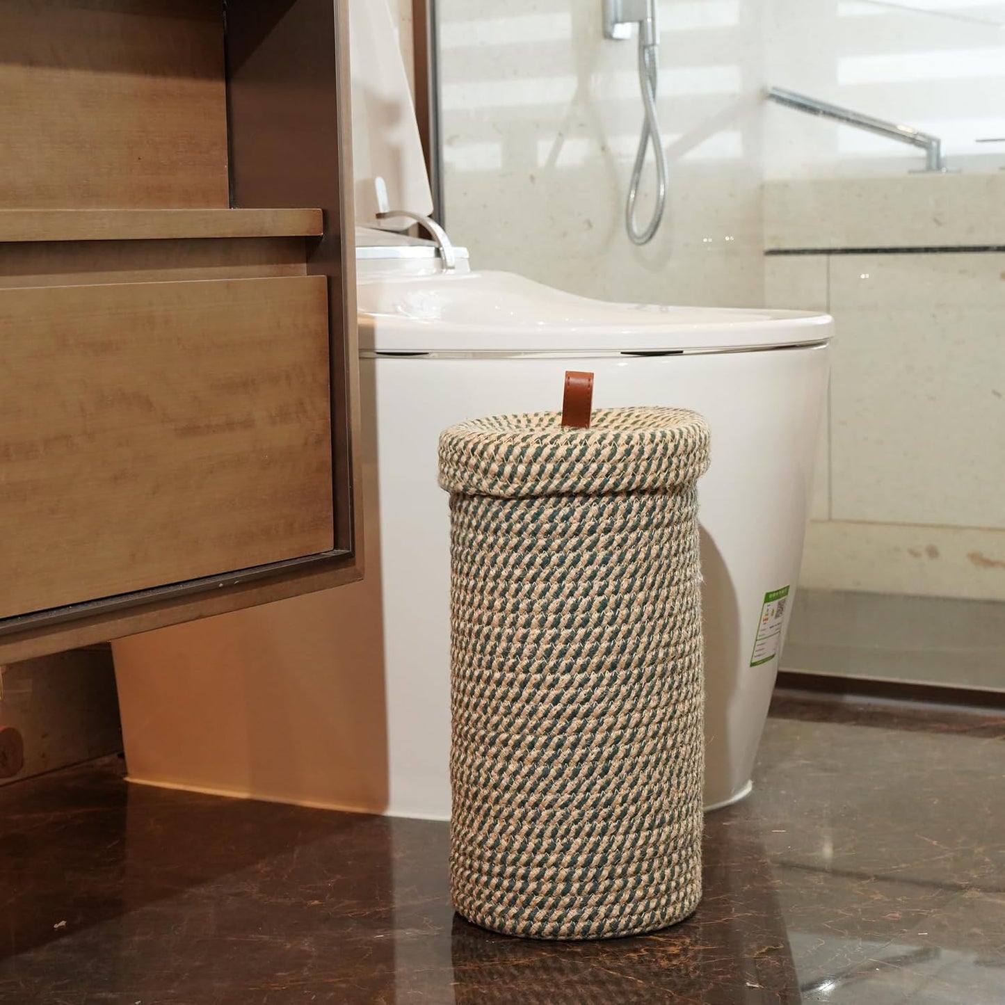 Handmade Cotton & Jute Toilet Paper Holder – Woven Toilet Paper Stand & Storage Basket with Lid, Freestanding Organizer for Bathroom, Fits 3 Rolls Green