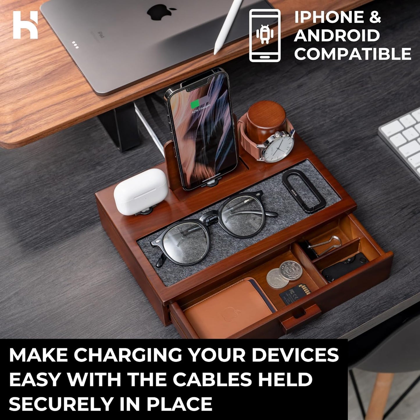 Holme & Hadfield Premium Wooden Phone Docking Station with Drawer – Nightstand Organizer for Charging Phone & Earbuds – Declutter Your Space with Felt-Lined Protection & Watch Pillar - Gift For Men