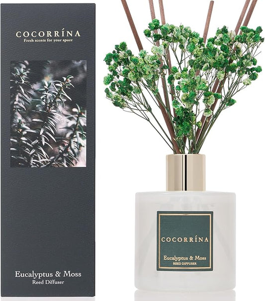 Cocorrína Reed Diffuser Sets- Eucalyptus & Moss Scented Diffuser with Sticks Home Fragrance Reed Diffuser for Bathroom Shelf Decor