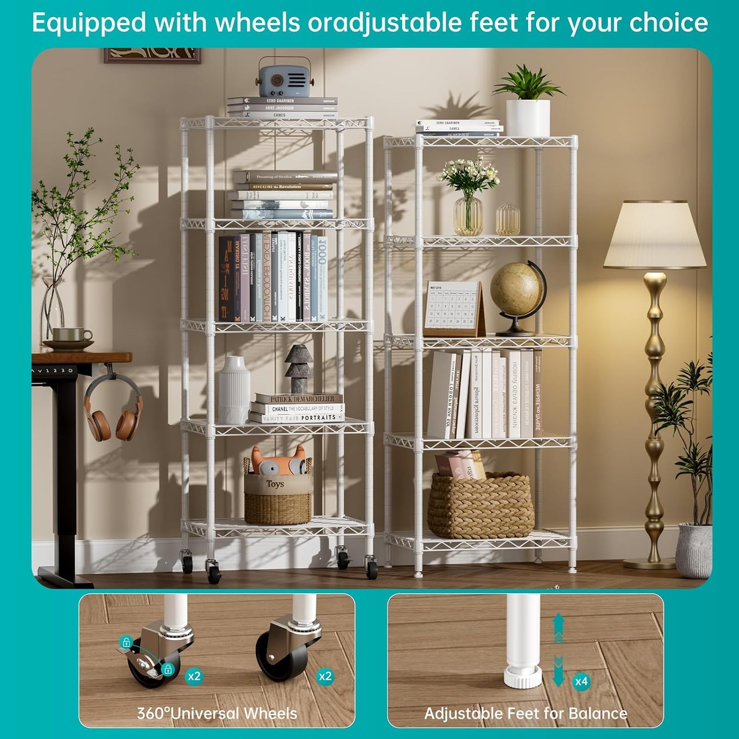 SINGAYE 5 Shelves Storage Shelf Wire Closet Bathroom Organizers Metal Pantry Kitchen Small Garage Shelving Unit Laundry Room Organization Home Narrow Rack Net Basket with Wheels White