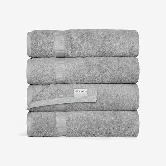 SALBAKOS 100% Turkish Cotton Bath Towel Set of 4 27x54 inch | Heirloom Quality | Hotel & Spa Collection | Soft, Super Absorbent, Long Lasting Bath Towels | Made in Turkey (Silver, 4 Bath Towels)