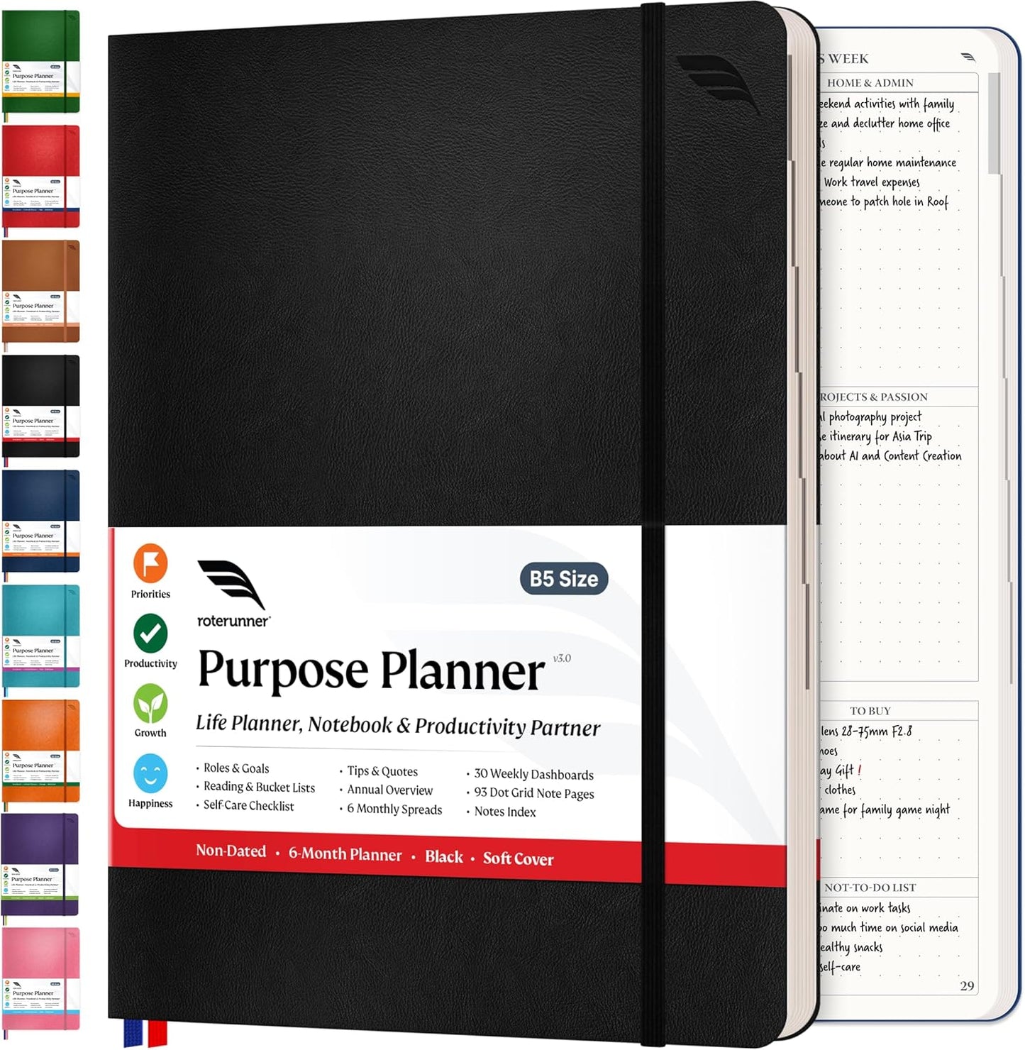 Roterunner Purpose Planner Notebook B5 7.5”x9.8” Undated 2026 Daily Weekly and Monthly Productivity Goal Setting Tool for Work Home ADHD Planner for Adults Self Care Journal