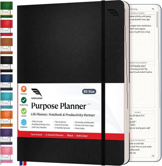 Roterunner Purpose Planner Notebook B5 7.5”x9.8” Undated 2026 Daily Weekly and Monthly Productivity Goal Setting Tool for Work Home ADHD Planner for Adults Self Care Journal