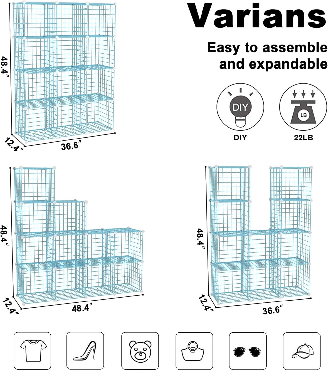 C&AHOME Wire Cube Storage, 12 - Cube Organizer Metal C Grids, Modular Shelves Units, Closet Organizer, Ideal for Home, Office, Living Room, 36.6”L x 12.4”W 48.4”H, Blue UWCS3012B