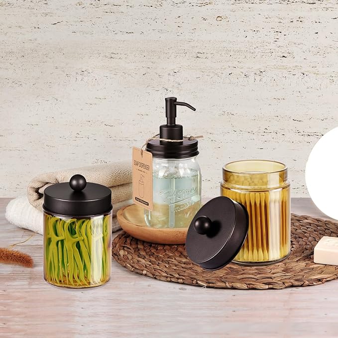Amolliar Bronze Glass Apothecary Jar With Metal Lid & Stickers, Bathroom Qtip Dispenser Storage Canister, Perfect for Cotton Balls, Cotton Swabs, Makeup Pads, Bath Salt, Floss,4 Pack (Bronze)
