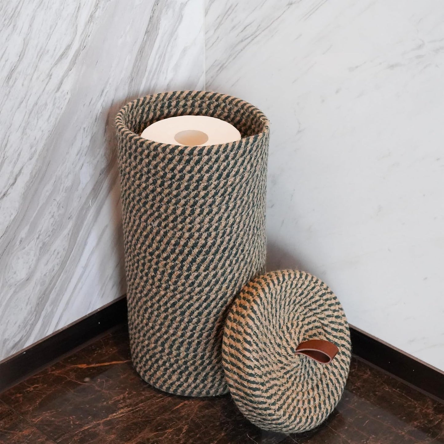 Handmade Cotton & Jute Toilet Paper Holder – Woven Toilet Paper Stand & Storage Basket with Lid, Freestanding Organizer for Bathroom, Fits 3 Rolls Green