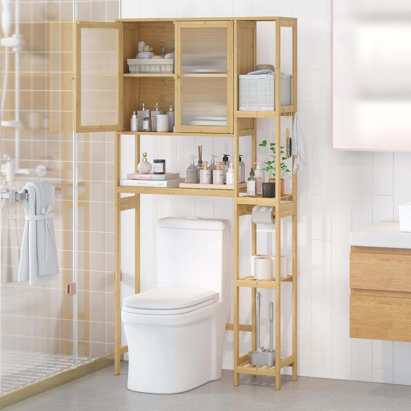 Over The Toilet Storage Cabinet Above Toilet Bathroom Organizer with Toilet Paper Holder Stand Bath Organizer with Adjustable Shelves & Acrylic Doors,Anti-Tip Device (Nature)