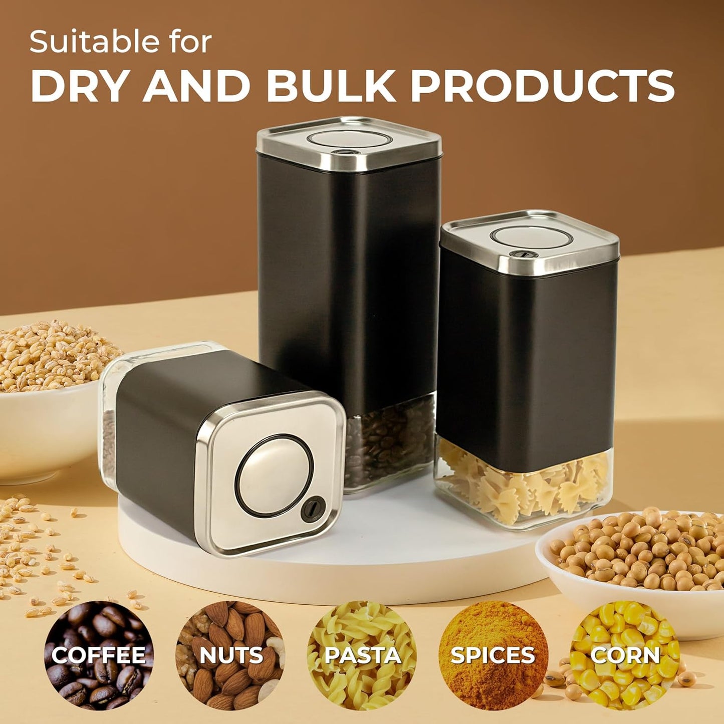 Kaffe Glass Coffee Canister (16oz) w/Airtight Lid - Click to Release Seal - BPA Free Glass & Stainless Steel - Elegant Kitchen Storage Container for Coffee, Nuts, Rice, Flour, Sugar, Tea, Cereal