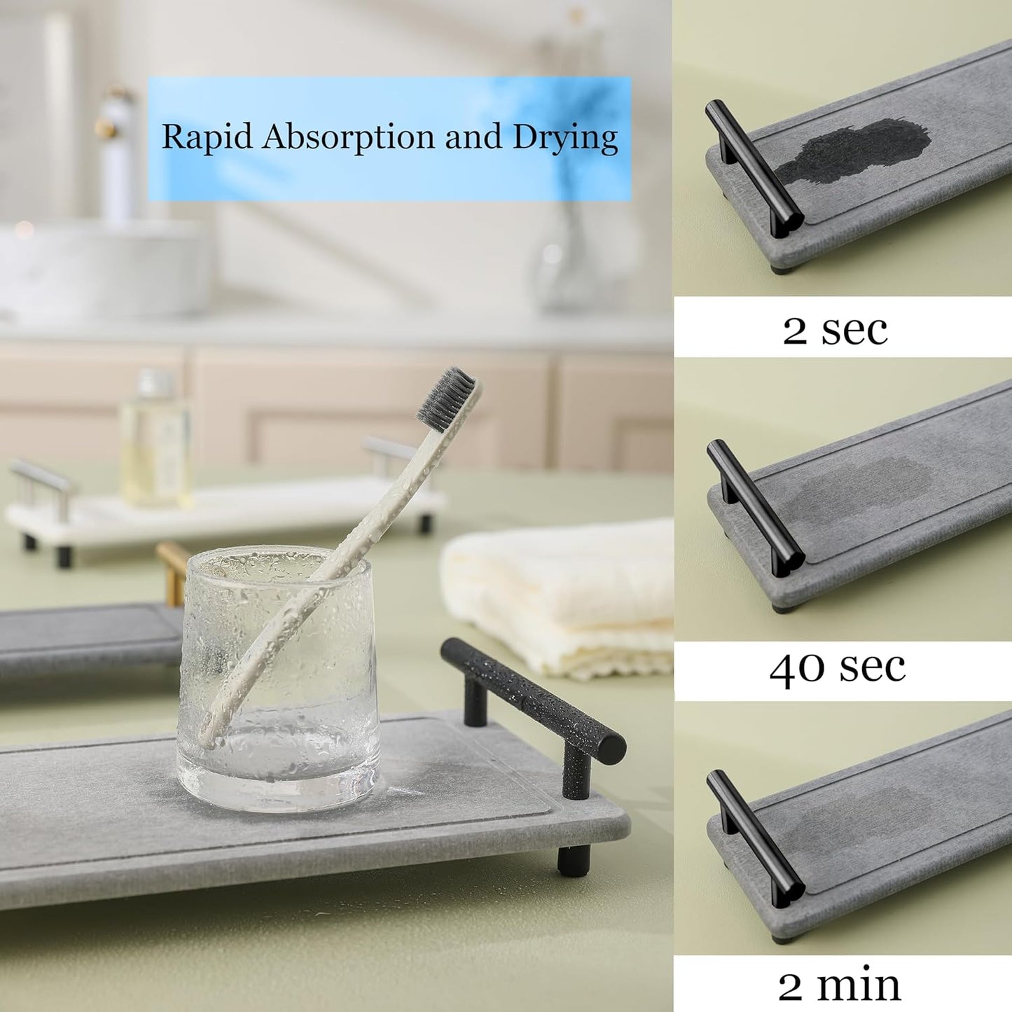 2PCS Water Absorbing Stone Tray, Instant Dry Sink Caddy, Stone Drying Tray with Black Handle, Deco for Bathroom Sink, Bathroom Small Caddy (Dark Grey & Black Handle, Small)