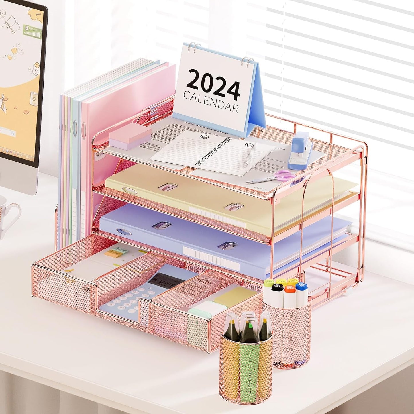 Desk Organizer and Accessories, 4-Tier Desktop File Organizer with Drawer and 2 Pen Holders, Office Desk Accessories, File Sorters, Workspace Organizers for Office Supplies(Rose Gold)