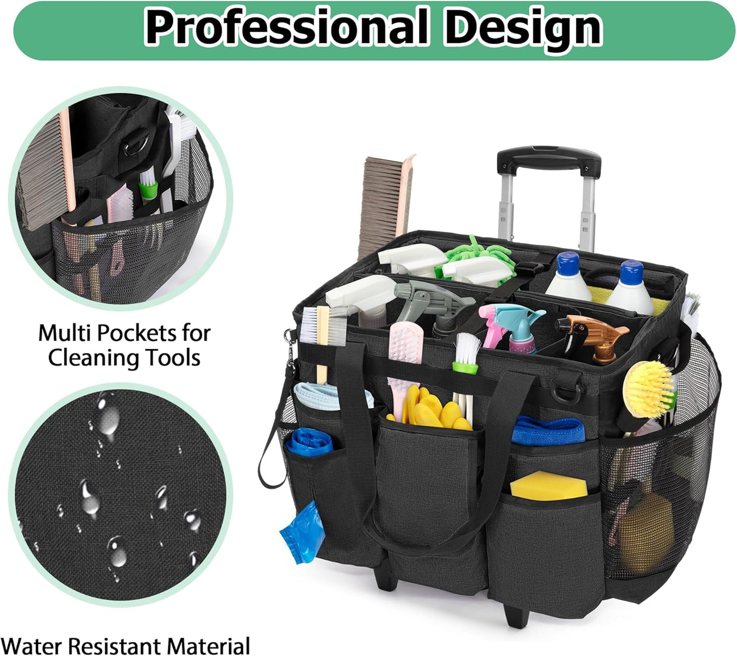 LoDrid Rolling Cleaning Bag with Detachable Trolley, Portable Cleaning Cart on Wheels for Supplies, Professional Caddy with Shoulder Strap for Housekeepers, Black (Patent Design)