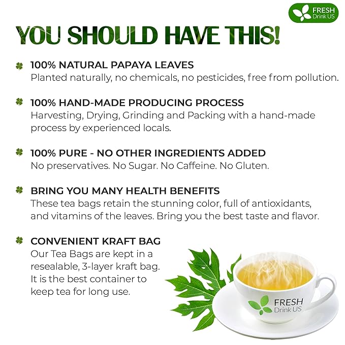 FreshDrinkUS, Premium 135 Papaya Leaf Tea Bags, 100% Natural & Pure from Papaya Leaves. Loose Leaf Herbal Tea. Made with Natural Material Tea Bags. No Sugar, No Caffeine, No Gluten, Vegan.
