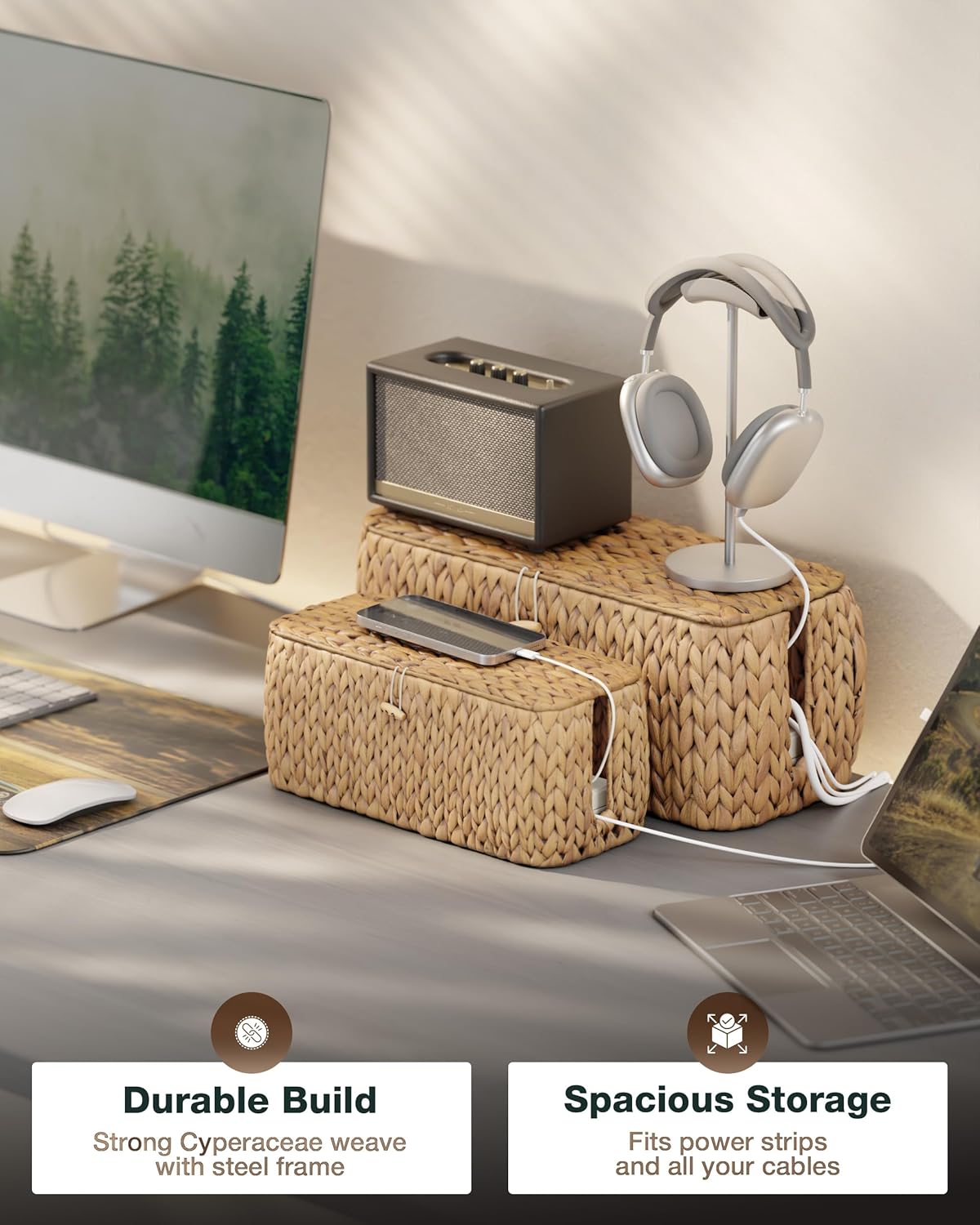 Large Cable Management Box, Natural Rattan Cable Cord Organizer Boxes for Power Strip – 2 Open Slots Cords Hider Box for TV Wires, Computer, Router, USB Hub and Under Desk Power Strip (Hyacinth)