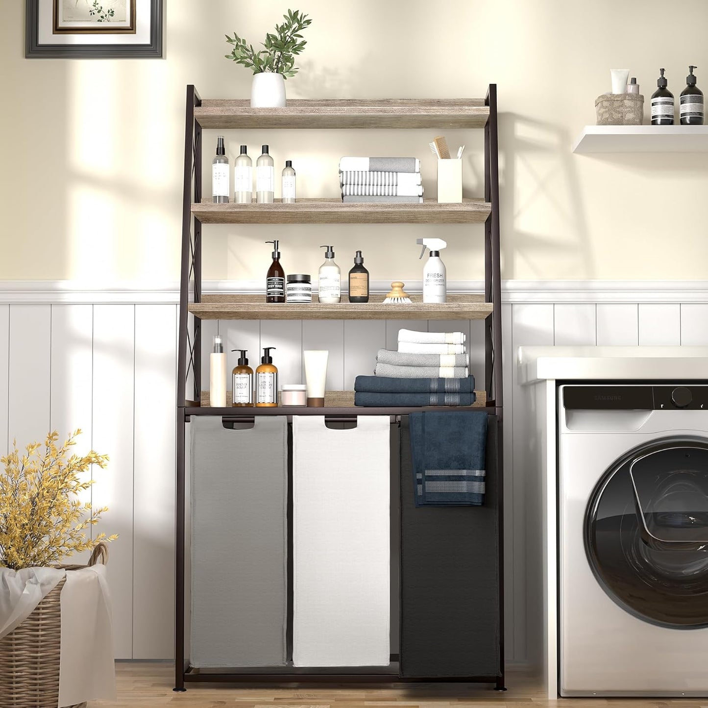 Laundry Basket, 3 Section Laundry Hamper with 4 Tiers Shelf, Pull-Out and Removable Laundry Bags, Large 3 x 15.87 Gallons, for Laundry Room Bathroom Greige PF05XLZ