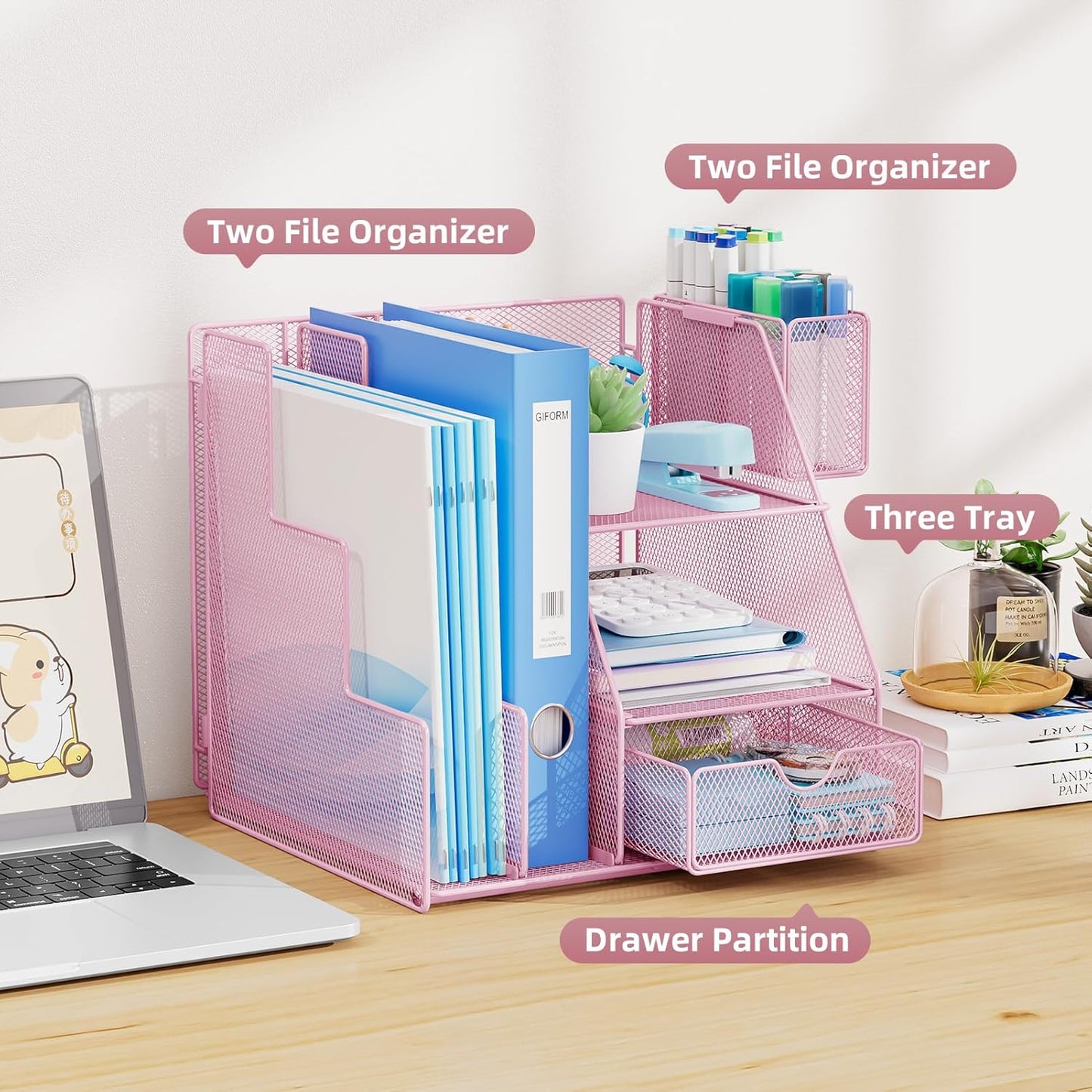 Marbrasse Desk Organizer and Accessories, 3-Tier File Organizer with Drawer and Pen Holder, Small Desktop Organizer and Storage for Workspace Office Supplies Pink