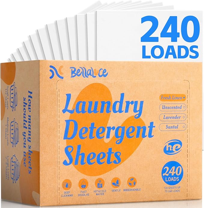 BellaLuce Laundry Detergent Sheets - Laundry Sheets, 240 Loads, Eco-Friendly, Plastic-Free, Fresh Linen Scent, Space Saving, Fast Dissolve & Hypoallergenic, Laundry Detergent for Home,Dorms,Essentials
