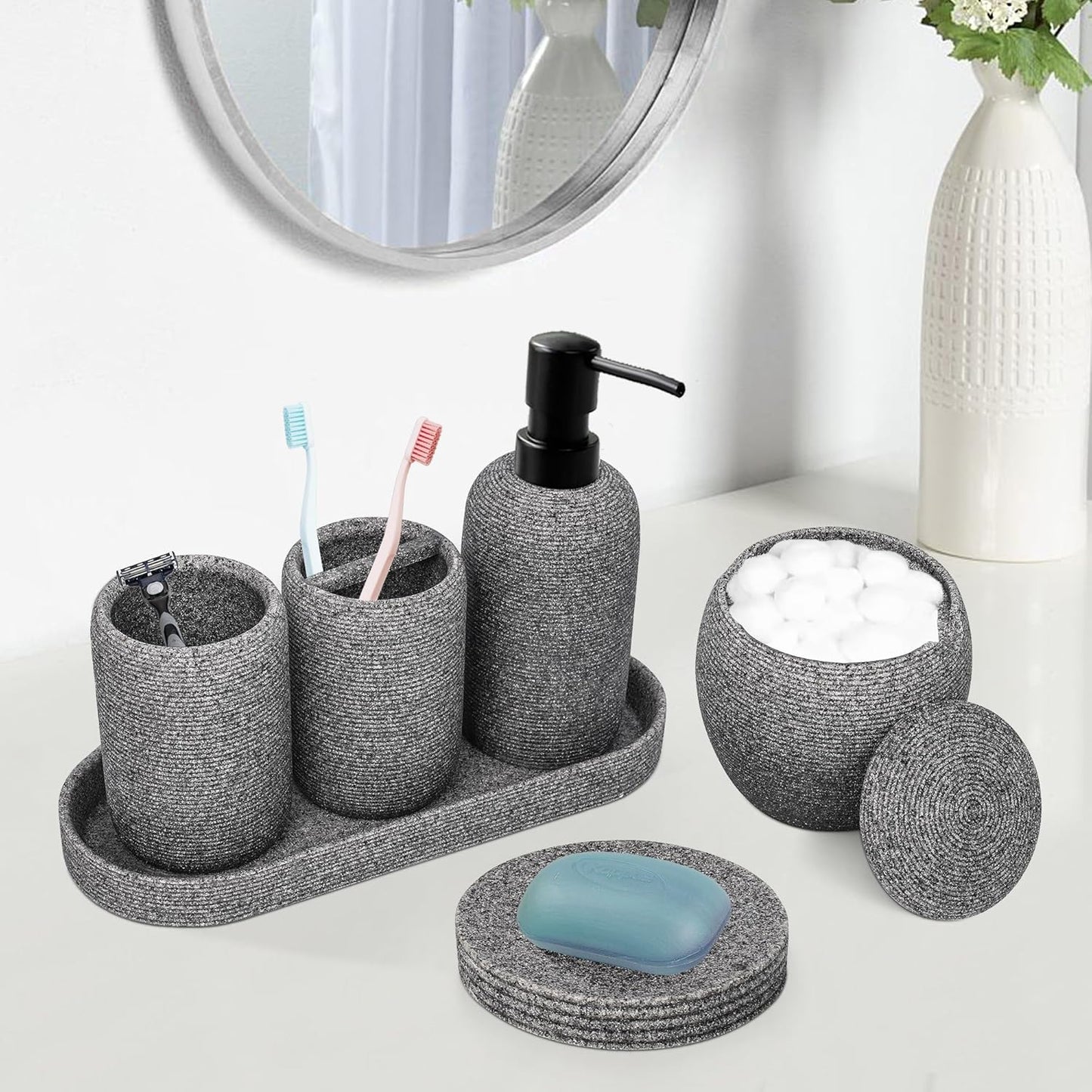 Bathroom Accessory Set - 6PCS Bathroom Accessories Set: Soap Dish, Lotion Dispenser, Toothbrush Holder, Toothbrush Cup, Vantiy Tray, Qtip Holder, Aesthetic Decor Bathroom Sets
