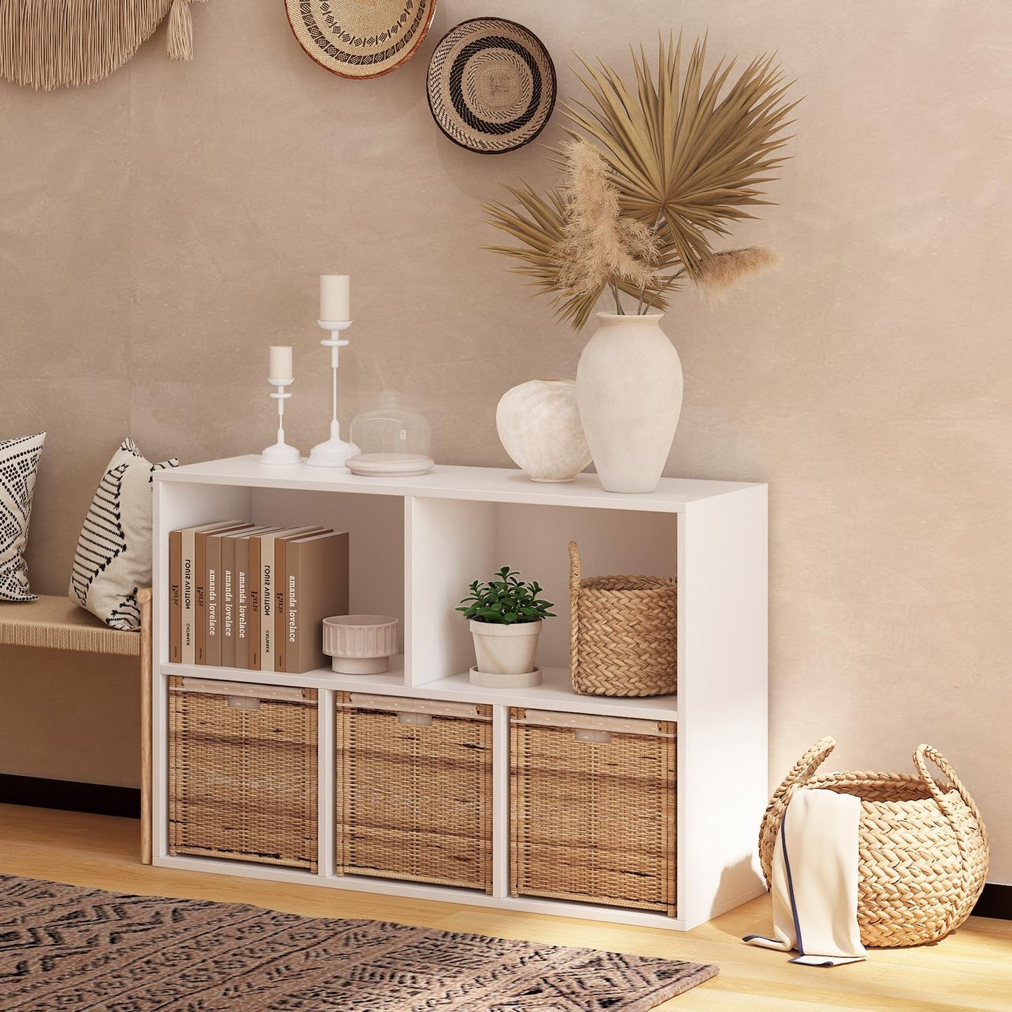 Wooden 5 Cube Storage Organizer with Closed Back Panel,White Cube Shelf Heavy Duty Cubby Storage Organizers with Compartments for Living,Display Shelf,Bookshelf,Storage Furniture