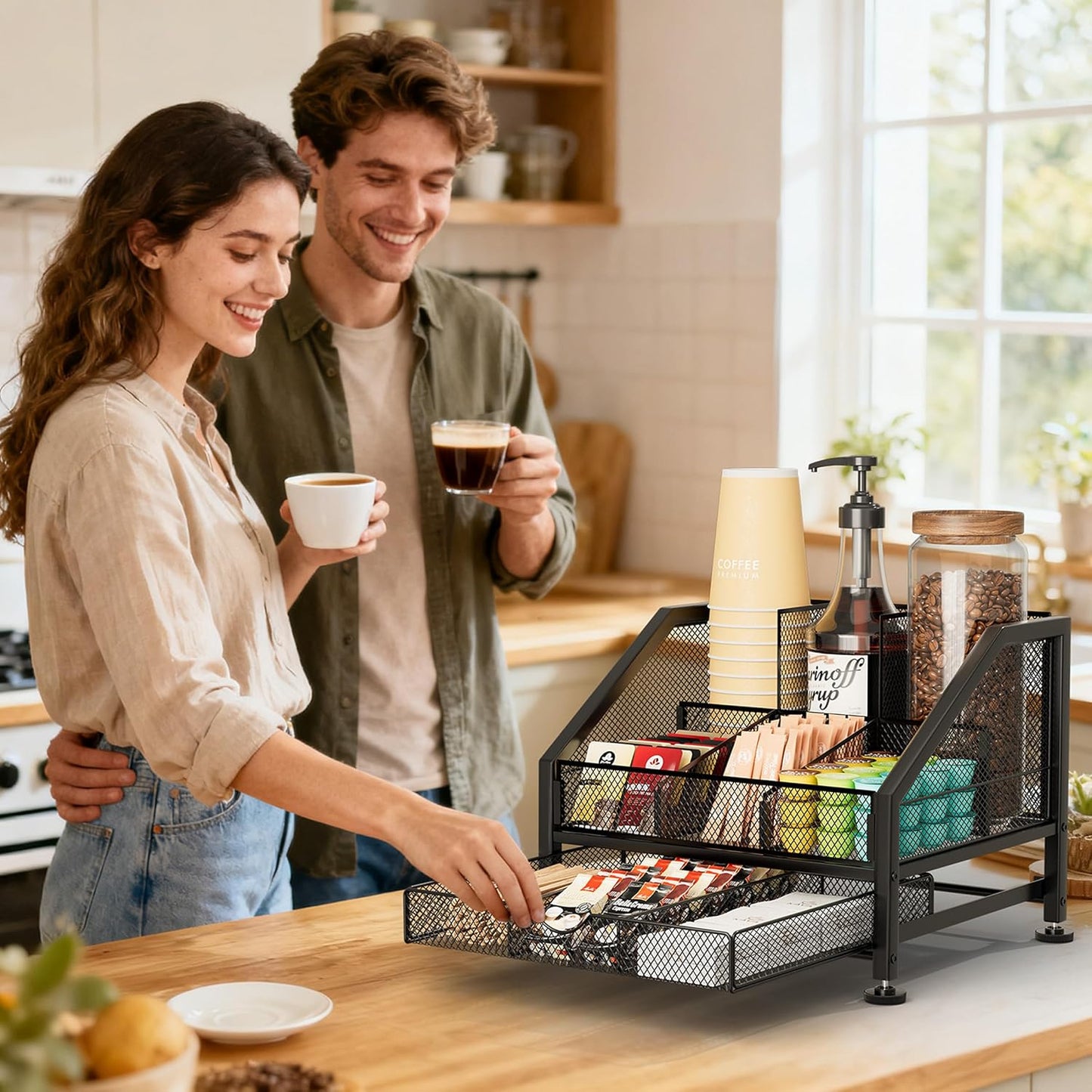 SWTYMIKI Coffee Bar Organizer for Countertop – Space-Saving Storage Rack with Drawer & Tiered Shelves, Coffee Station Organizer for Breakroom, Kitchen, Office, Cafe, Mesh Tea Condiment Storage